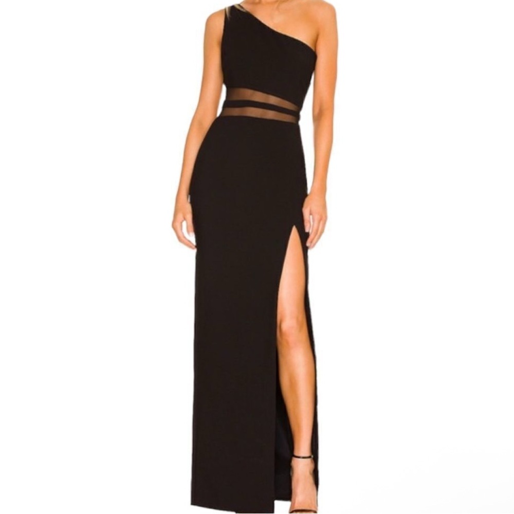 Likely Black One-Shoulder Gown with Sheer Detail
